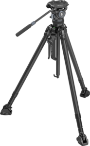 800q-01_128131 SmallRig 4259 x Potato Jet Tribex Hydraulic Carbon Fiber Tripod Kit, musta kolmijalka, jossa on säädettävät jalat ja kallistettava pää, on kuvassa vaalealla taustalla.