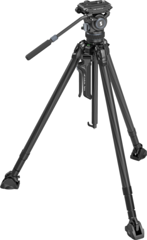 The SmallRig 4259 x Potato Jet Tribex Hydraulic Carbon Fibre Tripod Kit, a black tripod with adjustable legs and a tilting head, is pictured against a light-coloured background.