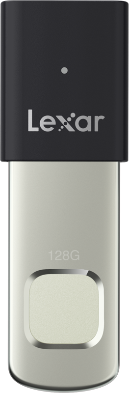 800q-01_128843 The Lexar JumpDrive Fingerprint F35pro USB 3.2 Gen1 is a 128GB flash drive with the Lexar logo on the black cap and silver body.