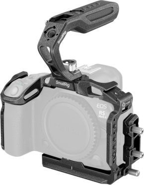 The SmallRig 4976 Black Mamba Cage Kit with top handle is mounted on a Canon EOS R5 Mark II mirrorless camera, shot without a lens against a white background.