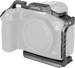 800q-01_128928 SmallRig 4978 Cage for Canon EOS R5 Mark II on asennettu harmaaseen Canon EOS R5 Mark II -kameraan, ja häkin suojaava muotoilu ja useat lisävarusteiden kiinnityspisteet tulevat esiin.