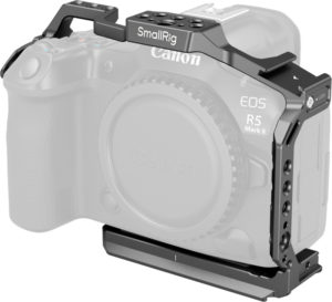 800q-01_128928 SmallRig 4978 Cage for Canon EOS R5 Mark II on asennettu harmaaseen Canon EOS R5 Mark II -kameraan, ja häkin suojaava muotoilu ja useat lisävarusteiden kiinnityspisteet tulevat esiin.