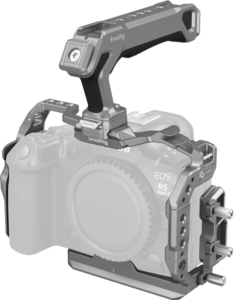 Canon EOS R5 Mark II -kameraan kiinnitettävässä SmallRig 5029 HawkLock Quick Release Cage Kitissä on yläkahva, useita kiinnityspisteitä ja tarvikepaikkoja, jotka parantavat kameran videokuvaustoimintoja.