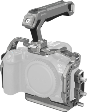 800q-01_128929 Canon EOS R5 Mark II -kameraan kiinnitettävässä SmallRig 5029 HawkLock Quick Release Cage Kitissä on yläkahva, useita kiinnityspisteitä ja tarvikepaikkoja, jotka parantavat kameran videokuvaustoimintoja.