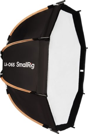 SmallRig 4874 Octagonal Softbox LA-O65 on musta kahdeksankulmainen softbox, jossa on valkoinen diffuusorimateriaali, ihanteellinen studiovalaistukseen valokuvauksessa tai videokuvauksessa.
