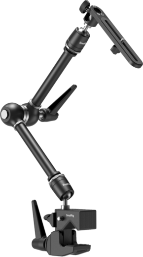 SmallRig 4862 Super Clamp with Magic Arm Kit on musta metallinen säädettävä kiinnike, jossa on useita niveliä ja kiinnikkeitä kameroille tai lisävarusteille ja jossa on peruskiinnike ja alusta laitteiden kiinnittämistä varten.