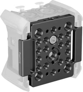 800q-01_129001 SmallRig 4883 Mount Plate for Zoom F3 is a black metal plate with several threaded holes, a central hexagonal bolt and various mounting options, shown attached to a partially visible camera accessory.