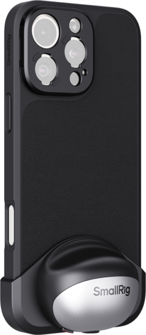 The iPhone 16 Pro in SmallRig's lightweight FilMov photo case series (4988) features a black and silver SmallRig accessory attached to the bottom edge; its triple rear cameras are visible.