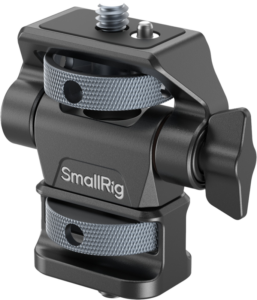 800q-01_129084 SmallRig 4886 Swivel and Tilt Adjustable Monitor Support, musta ja hopea, sisältää säädettävät nupit ja 1/4"-20 ruuvin yläosassa, jolla monitorit tai laitteet voidaan kiinnittää turvallisesti kamerarigiin.