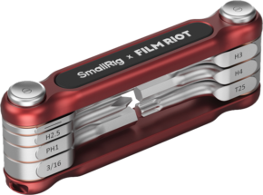 800q-01_129119 The SmallRig 4811 x FILM RIOT 7-in-1 Folding Wrench Set (red) features folding Allen keys and screwdriver bits on both sides that can be positioned at multiple angles for camera or film equipment maintenance.