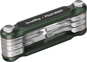 The SmallRig 4374 x FILM RIOT 7-in-1 folding wrench set (green) has multiple angle settings and includes a variety of screwdrivers and hexagonal wrenches in a compact folding design.