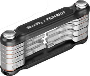 Compact black SmallRig 4375 x FILM RIOT 10-in-1 folding wrench set with multiple angle settings and marked screwdriver and hexagon wrench heads.