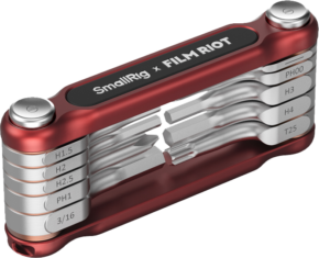 The SmallRig 4375 x FILM RIOT 10-in-1 folding wrench set (red) contains several screwdriver and hexagon wrenches neatly folded into a compact frame for versatile multi-angle set-up.