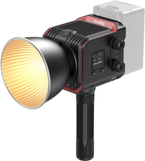 800q-01_129126 The SmallRig 4894 RC 100B COB LED video light (mobile version) is a black and red portable LED light with a handle, digital display, control knobs and a large reflector that emits a warm, diffused light.