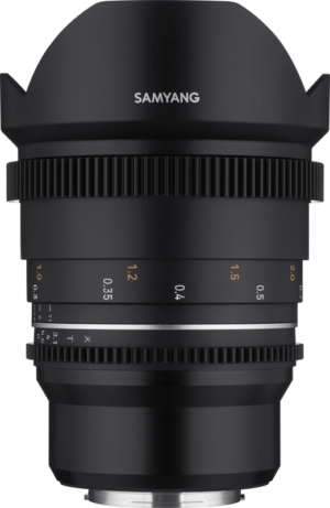 800q-15_115739 Close-up of a Samyang 14mm T3.1 VDSLR MK2 Fuji X lens with focus and aperture markings, black metal body and ribbed ring against a plain background.