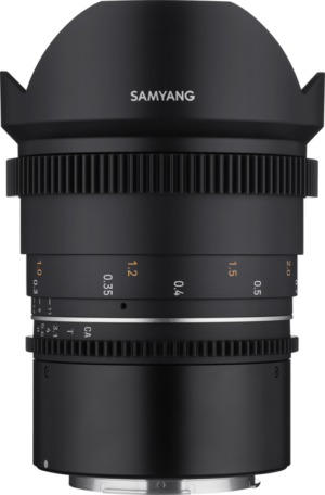 800q-19_115741 A close-up of the Samyang 14mm T3.1 VDSLR MK2 for Canon RF lens shows its black body, textured focus and aperture rings, white and orange distance markings and petal-shaped hood.