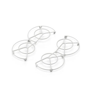 DJI-Neo_PG Kaksi valkoista, pyöreää DJI Neo Propeller Guard -propellisuojaa, joissa on risteävät viivat, jotka on yhdistetty vinosti keskellä, valkoisella pohjalla.