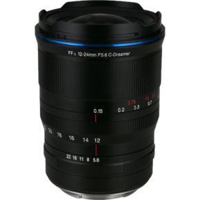 Laowa_12-24mm2 The Laowa 12-24mm f/5.6 zoom lens for Sony FE, black with white and red distance and aperture markings, is shown against a white background.