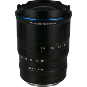 Laowa_12-24mm2 Laowa 12-24mm f/5.6 Zoom-objektiivi Sony FE:hen, musta, jossa on valkoiset ja punaiset etäisyys- ja aukkomerkinnät, on esillä valkoista taustaa vasten.