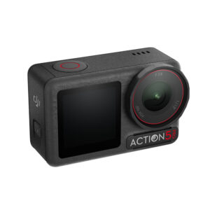 Osmo Action 5 Pro_Right Top View The DJI Osmo Action 5 Pro Standard Combo action camera is a compact black camera with a wide-angle lens, small screen and minimalist top and side buttons.