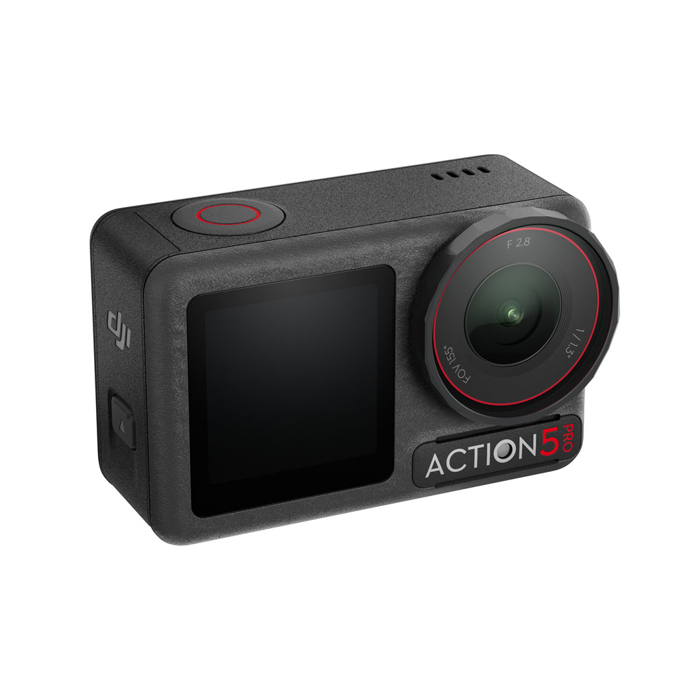 Osmo Action 5 Pro_Right Top View The DJI Osmo Action 5 Pro Standard Combo action camera is a compact black camera with a wide-angle lens, small screen and minimalist top and side buttons.