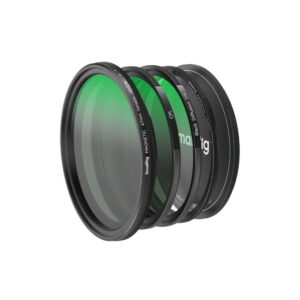 SmallRig 4726 SmallRig 4726 5-in-1 -kiinnitettävissä oleva suodatinpaketti (67 mm) sisältää päällekkäiset magneettiset VND 2-32-, CPL- ja 1/4 Effect Black Mist -suodattimet, joissa on mustat reunukset ja vihreä sävy valkoisella pohjalla.