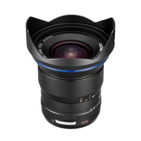 Venus Optics Laowa 15mm f:2 Zero-D - L-mount The Laowa 15mm f/2 Zero-D lens (L-mount) appears on a white background with a black petal-shaped hood, visible focus and aperture rings and a blue highlight ring near the top.