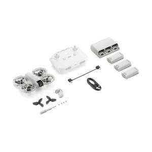 dji_neo_flymore_02 Presented in white, the DJI Neo Fly More Combo drone kit contains the drone, remote control, three batteries, charging hub, propellers, screwdriver, screws, USB cable and small adaptors.