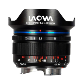 laowa_11mm_f45_3_1_1 The black Laowa 11mm f/4.5 FF RL - Sony FE lens has blue and red highlights and white, orange and red focus and aperture markings on the barrel. It has a wide lens hood with the Laowa logo.
