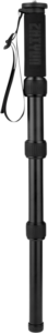 Zhiyun Mini Monopod on musta, kokoontaitettava monopodi, jossa on vaahtomuovinen kahva, hihna ja kolme säädettävää jalkaosaa.