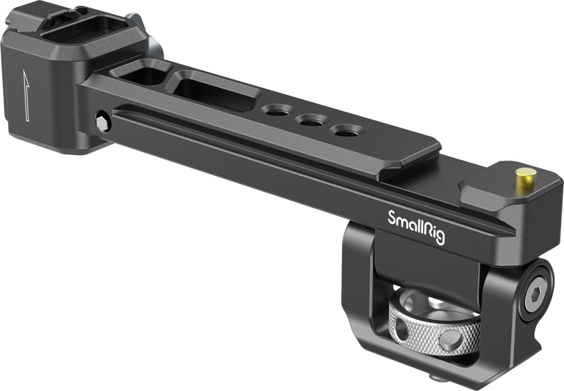 800q-01_113282 SmallRig 2386 Adjustable Monitor Mount tietyille DJI- ja ZHIYUN-käsikannattimille on musta metallinen lisävarsi, jossa on useita kiinnitysreikiä, lukitusnuppi ja hopeinen pyörivä nivel kameralaitteiden kiinnittämistä ja säätämistä varten.