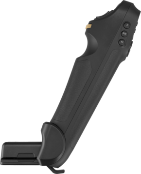 800q-01_113920 Zhiyun TransMount 3S SmartSling Handle on musta käsiohjain, jossa on kuvioitu kahva, useita sivupainikkeita ja liipaisin, kuvassa oikealta puolelta tavallista taustaa vasten.