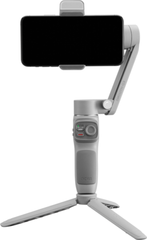 800q-01_116502 The Zhiyun Mobile Gimbal Smooth Q3 is a grey handheld smartphone stabilizer with control buttons and a small tripod stand that supports horizontal mounting of the phone for stable video and photography.