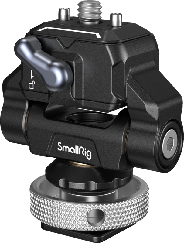800q-01_118562 SmallRig 3514 Drop-In HawkLock Mini Quick Release -monitoriasennus, jossa on Cold Shoe, musta, metallinen nuppi, vipu ja kuvioitu hopeinen pohja. Suunniteltu kameroiden tai lisävarusteiden kiinnittämiseen rigiin tai jalustaan.