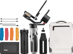 800q-01_119045 The Zhiyun Crane M2S Combo includes a camera gimbal, tripod, handle, four colour filters, three cables, two brackets, storage bag and a white carrying case with Chinese lettering on the front.
