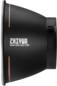 Musta Zhiyun Mini Reflector for Molus G60 oransseilla raidoilla, sivulta katsottuna. Nimi "ZHIYUN MINI REFLECTOR" näkyy valkoisella sen kaarevassa pinnassa.
