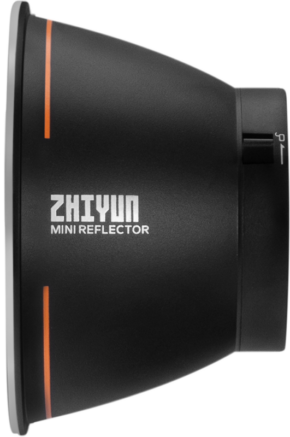 800q-01_123660 Musta Zhiyun Mini Reflector for Molus G60 oransseilla raidoilla, sivulta katsottuna. Nimi "ZHIYUN MINI REFLECTOR" näkyy valkoisella sen kaarevassa pinnassa.