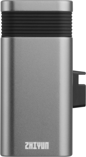 800q-01_123666 Zhiyun Battery Grip for Molus X100 (2600mAh) on suorakulmainen metallinen laite, jossa on musta harjattu yläosa ja näkyvä sivuportti, joka näkyy valkoisella pohjalla.