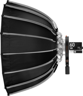 The Zhiyun Softbox Parabolic 60cm (Bowens Mount) is a large black and silver studio light with a dome-shaped softbox, metal support arms and a handle with a control panel marked 60W.