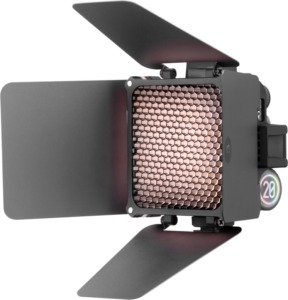 800q-01_126199 Zhiyun Led Fiveray M20 Combo Pocket Light on ammattimainen studio-LED, jossa on hunajakennoverkko, säädettävät lato-ovet ja sivussa digitaalinen näyttö, jossa näkyy numero "20".