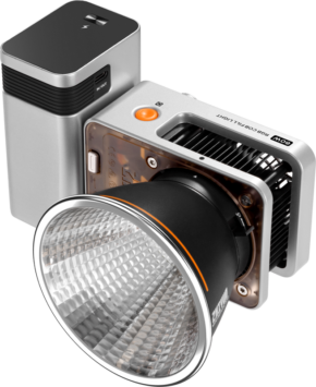 800q-01_127515 The Zhiyun LED Molus X60 RGB Combo Cob Light is a compact, modern studio light with a large reflector, silver and black housing, cooling valves, orange power button and labelled "60W" and "RGB COB PANEL LIGHT".