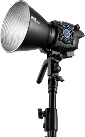 800q-01_127836 The Zhiyun LED Molus B100 Cob Light is a studio light mounted on a black adjustable stand with a large silver reflector and a visible fan on the back.