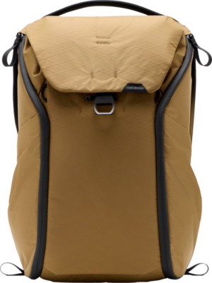 800q-01_127960 The Peak Design Everyday Backpack v2 30L - Coyote features a tan, modern design with geometric patterns, diagonal black zippers on both sides, metal front closure and flap closure.