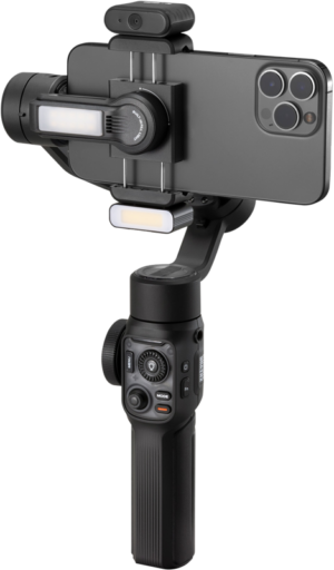 800q-01_128186 The Zhiyun Mobile Gimbal Smooth 5S AI Pro, black, holds a smartphone with three rear cameras and features multiple control buttons, a joystick and small built-in LED lights above and below the phone holder.