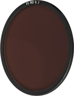 800q-01_128193 NiSi Cine Filter FS ND 0.3 (1 Stop) for Athena PL-Mount Lenses grey filter dark tinted glass in a black round metal frame with "FS ND 0.3" marked on the top against a light background.