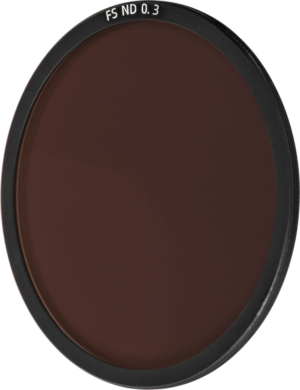 800q-01_128193 NiSi Cine Filter FS ND 0.3 (1 Stop) for Athena PL-Mount Lenses grey filter dark tinted glass in a black round metal frame with "FS ND 0.3" marked on the top against a light background.