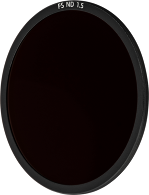 800q-01_128197 The NiSi Cine Filter FS ND 1.5 (5 Stop) for Athena PL-Mount Lenses grey filter is a circular frame of dark glass and black metal that appears against a light background.