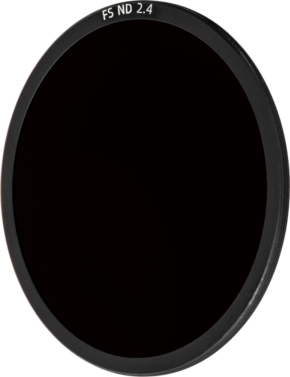 800q-01_128200 Circular NiSi Cine Filter FS ND 2.4 (8 Stop) for Athena PL-Mount Lenses grey filter with dark tint and label around the edge, shown against a plain, light background.