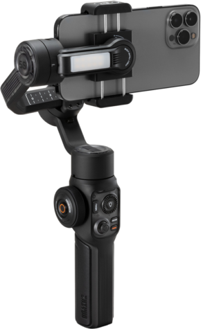800q-01_128219 The Zhiyun Mobile Gimbal Smooth 5S AI is a black smartphone handheld gimbal with multiple control buttons and dials on the handle for adjusting settings and camera angles.
