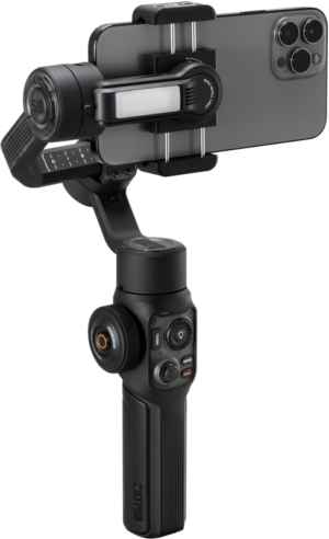800q-01_128219 The Zhiyun Mobile Gimbal Smooth 5S AI is a black smartphone handheld gimbal with multiple control buttons and dials on the handle for adjusting settings and camera angles.